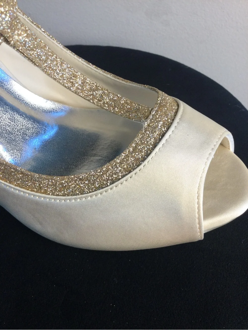 Elegant Ivory Peep-Toe T-Strap Heels with Gold Glitter Trim